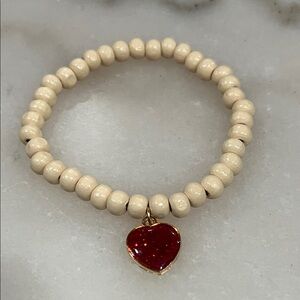 Cream Beaded Stretch Bracelet with Red Glitter Heart Charm